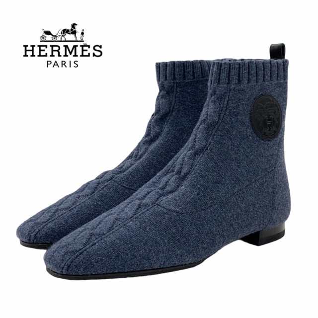 エルメス HERMES デュオ ブーツ ショートブーツ 靴 シューズ ニット レザー ブルー系 ブラック ソックスブーツ エクスリブリス｜au PAY  マーケット