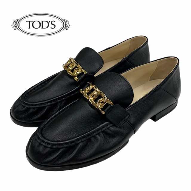 トッズ TODS ローファー 革靴 フラットシューズ 靴 シューズ チェーン レザー ブラック 黒 ゴールド