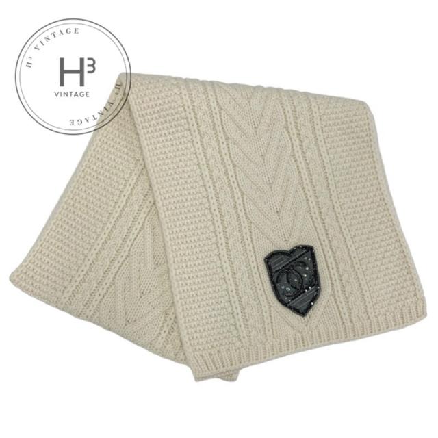 シャネル CHANEL マフラー カシミヤ ホワイト ココマーク ワッペン 