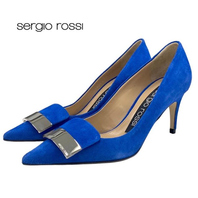 未使用 セルジオロッシ sergio rossi sr1 パンプス 靴 シューズ ロゴプレート スエード ブルー シルバーの通販は