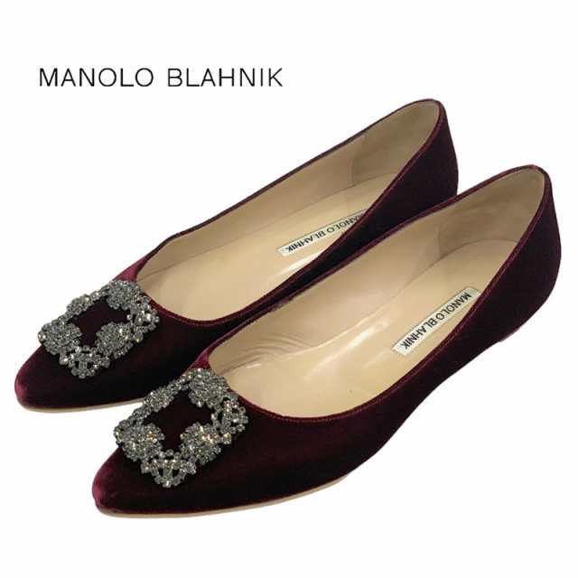 マノロブラニク MANOLO BLAHNIK ハンギシ フラットパンプス フラットシューズ パーティーシューズ ビジュー ベロア ボルドー