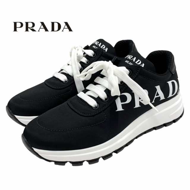 未使用 プラダ PRADA スニーカー 靴 シューズ ロゴ ナイロン ブラック ホワイトの通販は