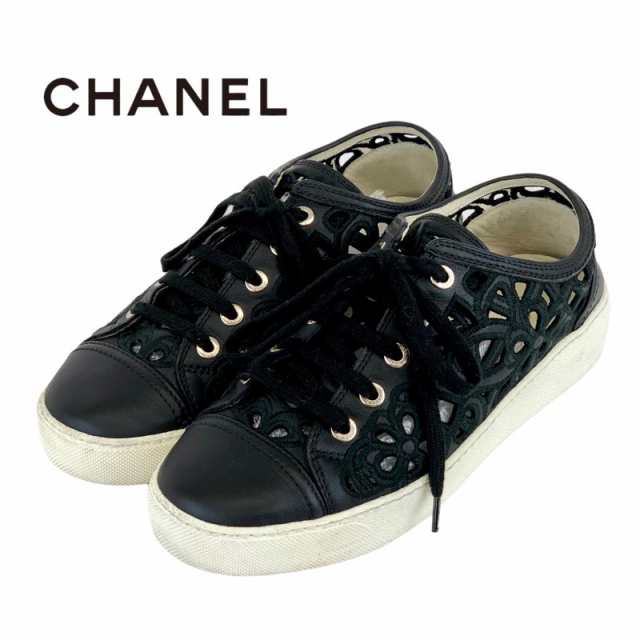 シャネル CHANEL スニーカー 靴 シューズ レザー ブラック フラワーカット レース