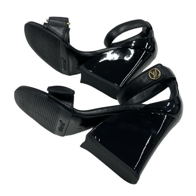 ルイヴィトン LOUIS VUITTON ステラーライン サンダル 靴 シューズ レザー パテント ブラック 黒 ゴールド ロゴ ストラップ_5