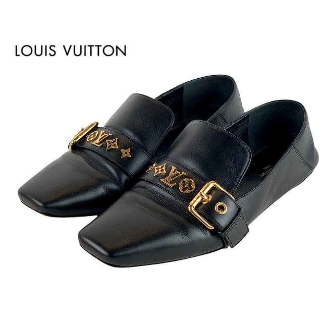 LOUIS VUITTONルイ・ヴィトンローファーレザー ブラック ゴールド