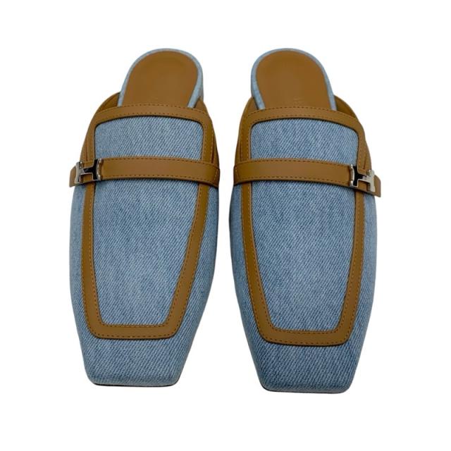 エルメス HERMES グルーピー フラットシューズ 靴 シューズ デニム レザー ライトブルー ブラウン 未使用 ミュール スリッパサンダル_1