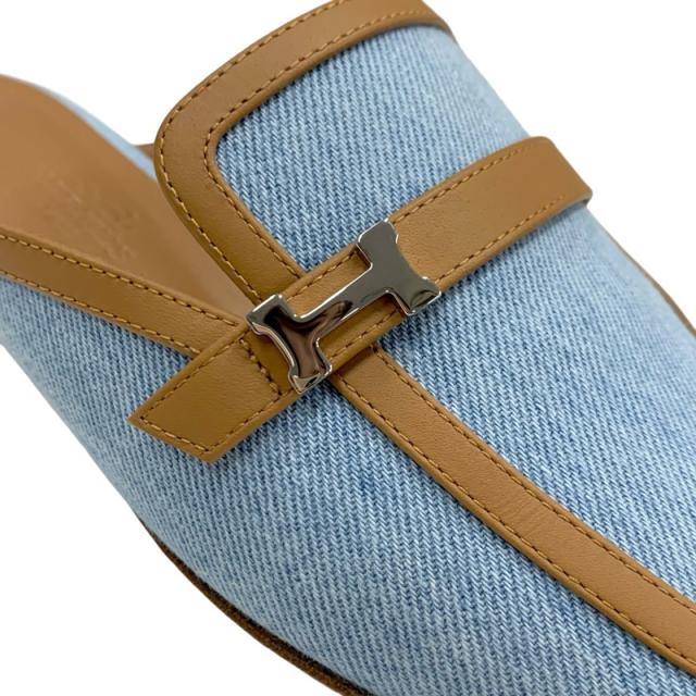 エルメス HERMES グルーピー フラットシューズ 靴 シューズ デニム レザー ライトブルー ブラウン 未使用 ミュール スリッパサンダル_8