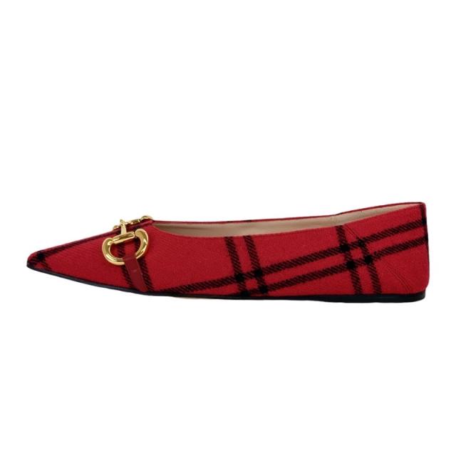 未使用 グッチ ウール ホースビット チェック フラットパンプス レッド グッチ GUCCI パンプス 靴 シューズ ウール レッド 未使用