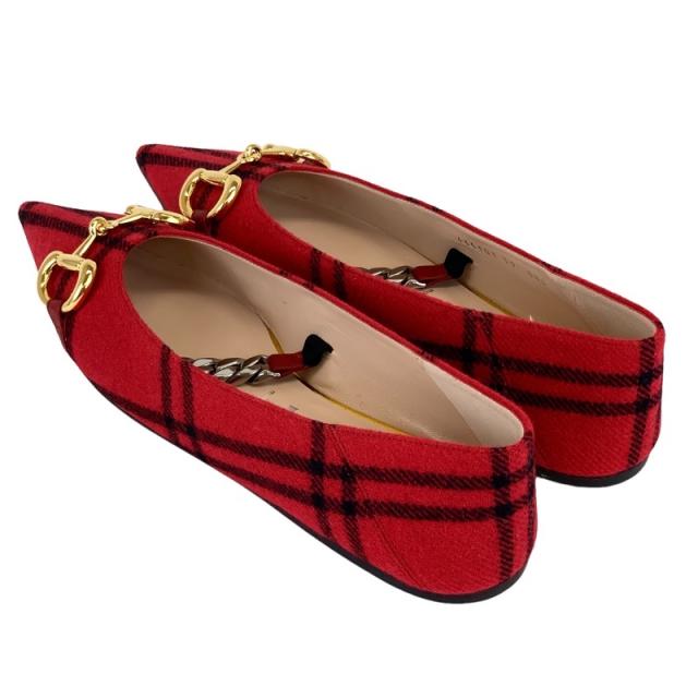 未使用 グッチ ウール ホースビット チェック フラットパンプス レッド グッチ GUCCI パンプス 靴 シューズ ウール レッド 未使用