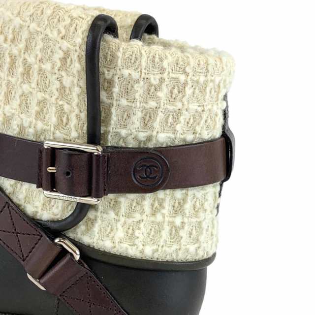 シャネル CHANEL ブーツ ショートブーツ 靴 シューズ レザー ツイード ブラウン ホワイト ココマーク ベルトの通販は