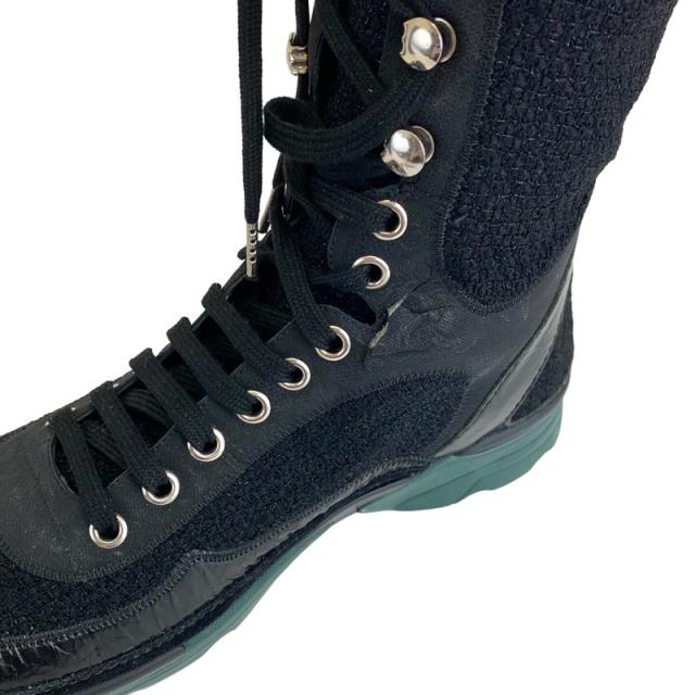 シャネル ツイード レザー レースアップ ロングブーツ ブラック 【公式