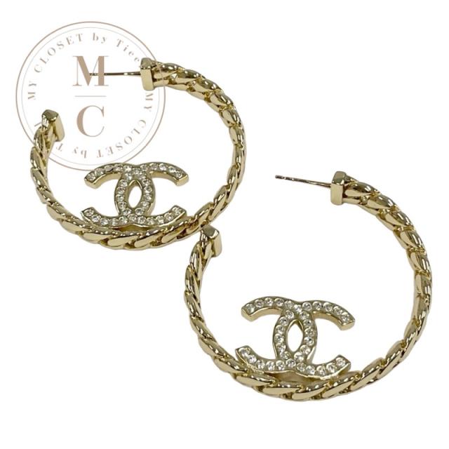 シャネル CHANEL ピアス イヤリング ゴールド ココマーク フープピアス ラインストーン チェーンの通販は