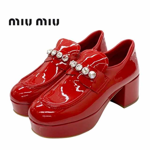 ミュウミュウ MIUMIU ローファー 革靴 靴 シューズ パテント レッド 未使用 ヒールローファー パンプス ビジュー