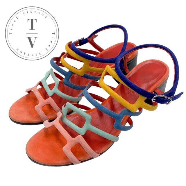 エルメス HERMES サンダル 靴 シューズ スエード マルチカラー スクエア 