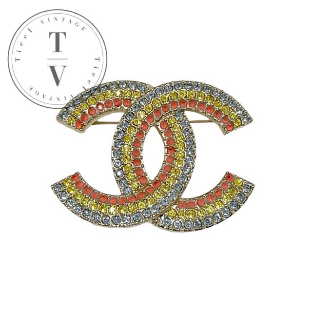 シャネル CHANEL ブローチ コサージュ マルチカラー ココマーク ラインストーン レインボー