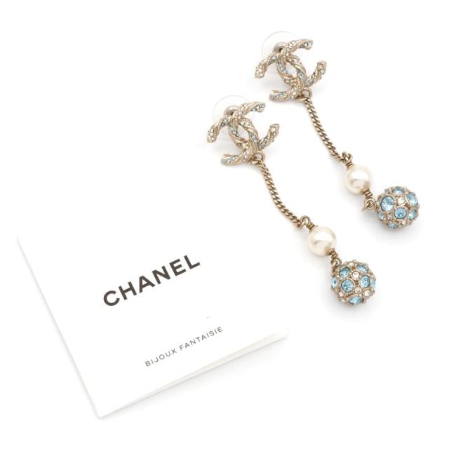 シャネル CHANEL ピアス イヤリング ゴールド ブルー ココマーク ラインストーン パール ぶら下がり チェーン ボール_9
