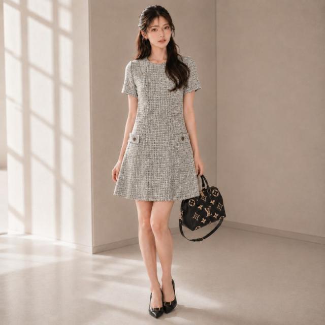 ルイヴィトン LOUIS VUITTON ワンピース コットン グレー ツイード 半袖 22SS