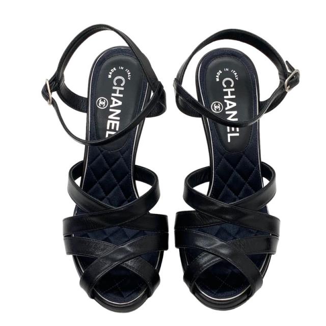 CHANEL サンダル ココマーク ブラック ストーン シャネル ココマーク レザー×ファブリック サンダル 35