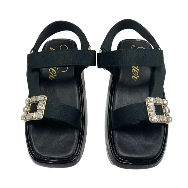 ロジェヴィヴィエ Roger Vivier サンダル 靴 シューズ パテント ファブリック ブラック 黒 ストラスバックル ビジュー_1