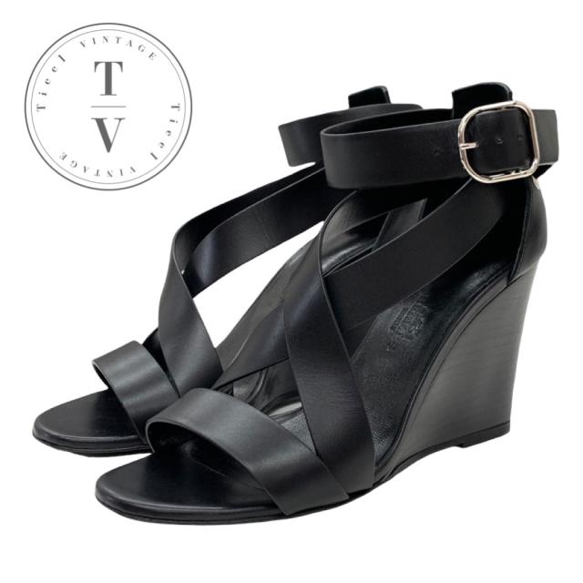 エルメス HERMES サンダル 靴 シューズ レザー ブラック 黒 ウェッジソール