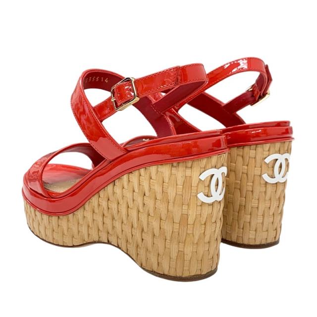 シャネル パテント ストロー ココマーク ウェッジソール サンダル レッド CHANEL シャネル ヒールココマーク ウェッジソール パテント