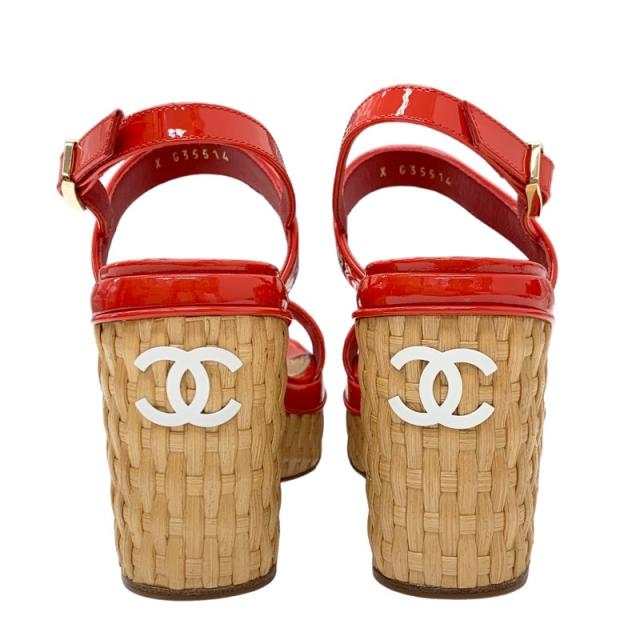 シャネル CHANEL サンダル 靴 シューズ パテント ストロー レッド ベージュ ホワイト ココマーク ウェッジソール シャネル CHANEL サンダル 靴 シューズ パテント ストロー レッド