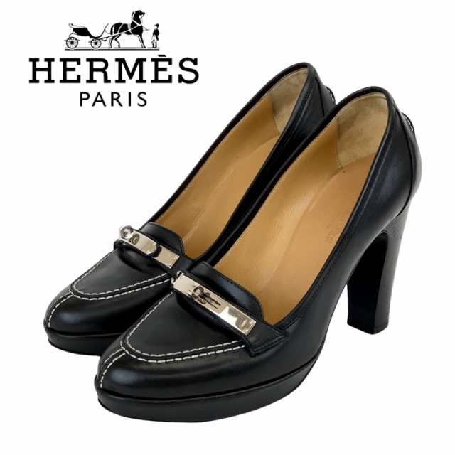 エルメス HERMES パンプス 靴 シューズ レザー ブラック 黒 シルバー ケリー金具