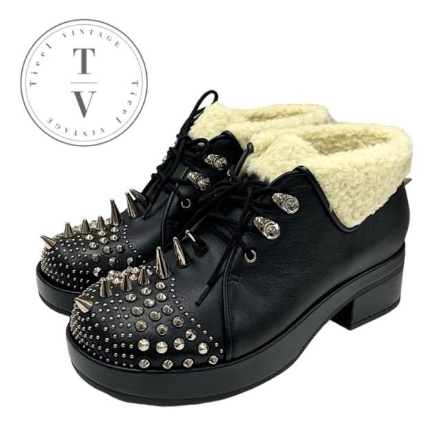 グッチ GUCCI ブーツ ショートブーツ 靴 シューズ レザー ムートン ブラック 黒 未使用 スタッズ レースアップ ボア