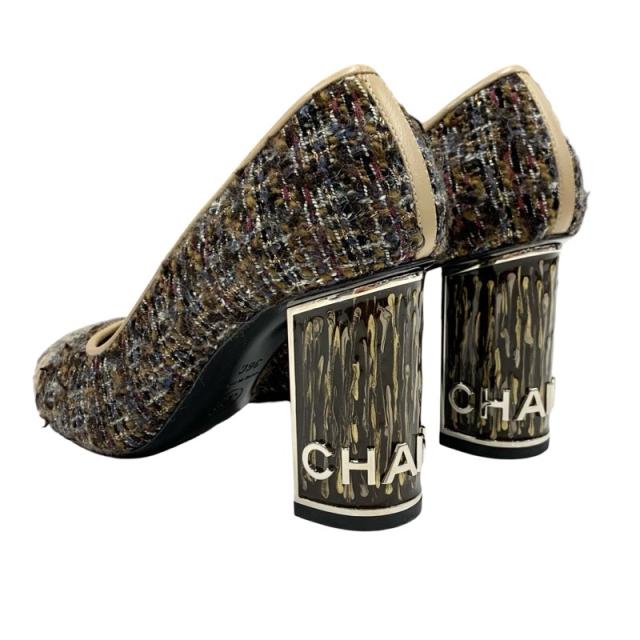 シャネル CHANEL パンプス 靴 シューズ ウール レザー マルチカラー ベージュ ロゴ ツイード_3