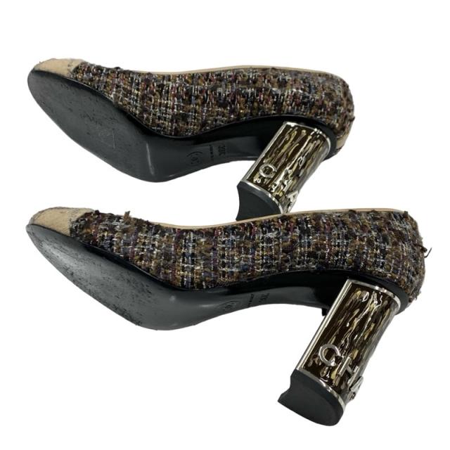 シャネル CHANEL パンプス 靴 シューズ ウール レザー マルチカラー ベージュ ロゴ ツイード_5