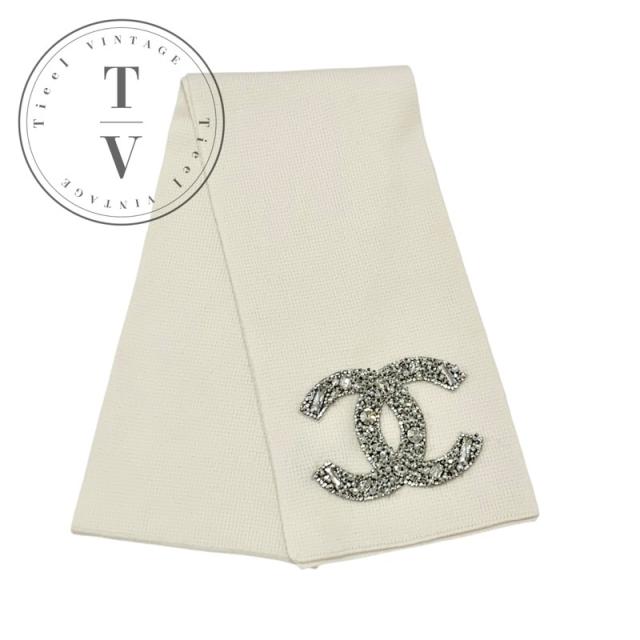 シャネル CHANEL マフラー カシミヤ ホワイト ココマーク パール ラインストーン ビジューの通販は 179,300円