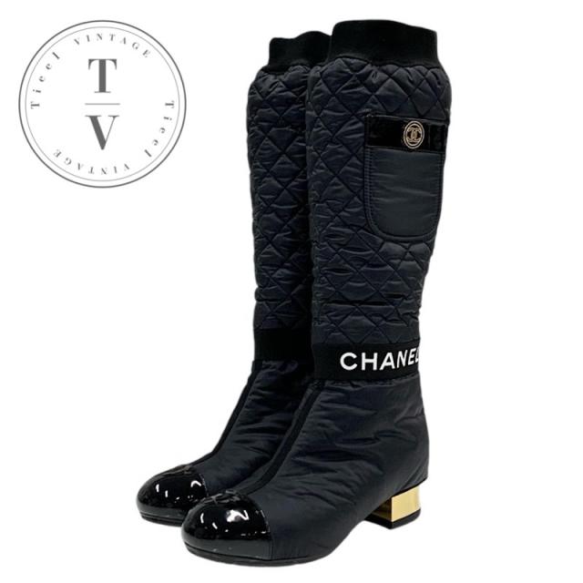 シャネル CHANEL ブーツ ロングブーツ 靴 シューズ ナイロン レザー パテント ブラック ゴールド 黒 ショートブーツ 2way ココマーク