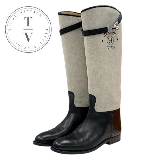 エルメス HERMES ジャンピング ブーツ ロングブーツ 靴 シューズ キャンバス レザー ベージュ ブラック シルバー ケリー金具 ロゴ
