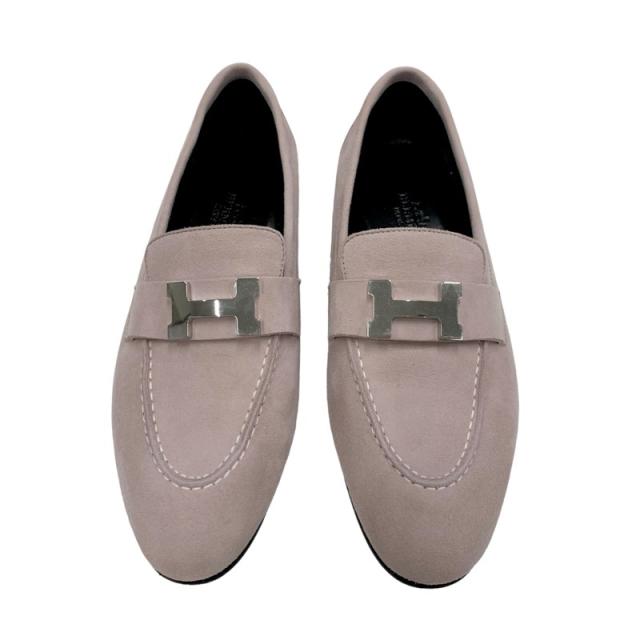 エルメス HERMES パリ ローファー 革靴 靴 シューズ スエード ピンク シルバー モカシン フラットシューズ H金具_1