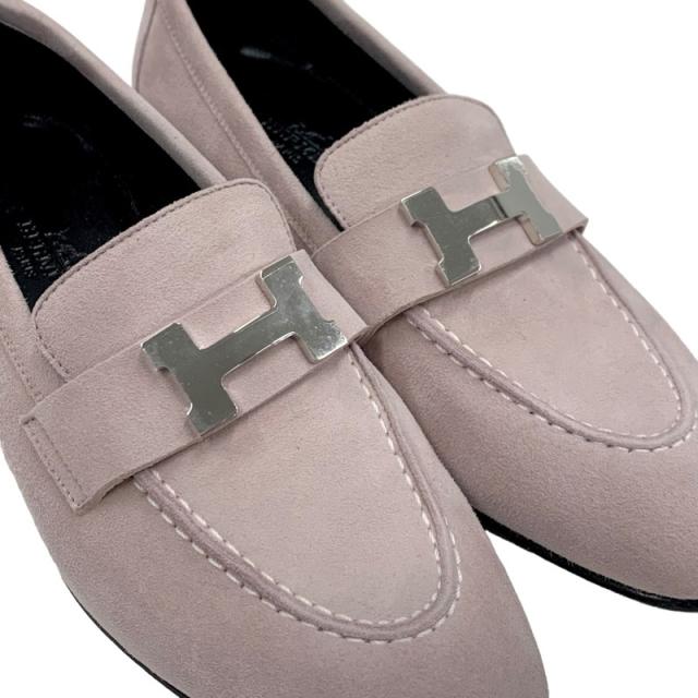 エルメス HERMES パリ ローファー 革靴 靴 シューズ スエード ピンク シルバー モカシン フラットシューズ H金具_8
