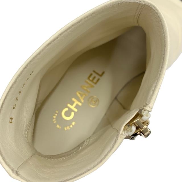 シャネル CHANEL ブーツ ショートブーツ 靴 シューズ レザー ファブリック アイボリー ブラック ココマーク パール