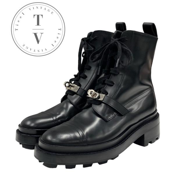 エルメス HERMES ファンク ブーツ ショートブーツ 靴 シューズ レザー ブラック シルバー 黒 ケリー金具 レースアップ