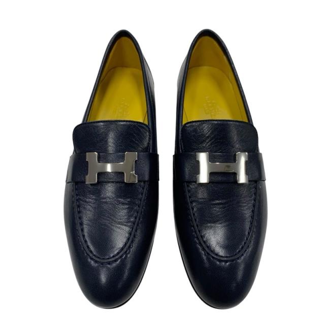 エルメス ロワイヤル レザー H金具 フリンジ ローファー ブラック  