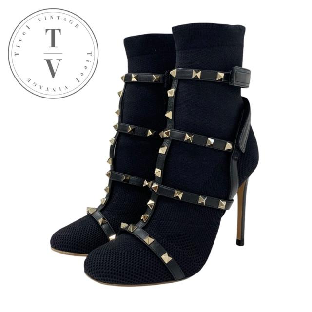 ヴァレンティノ VALENTINO ブーツ ショートブーツ 靴 シューズ ファブリック レザー ブラック 黒 ゴールド ソックスブーツ