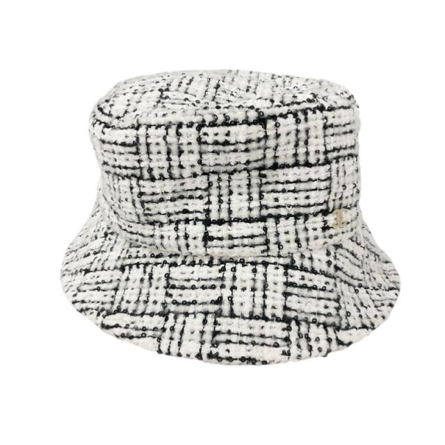 シャネル CHANEL 帽子 ホワイト ブラック ココマーク ツイード スパンコール バケットハット_1