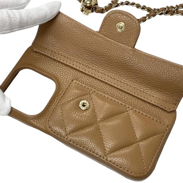 ✨美品✨CHANEL iphone14pro ケース マトラッセ チェーン パール付き