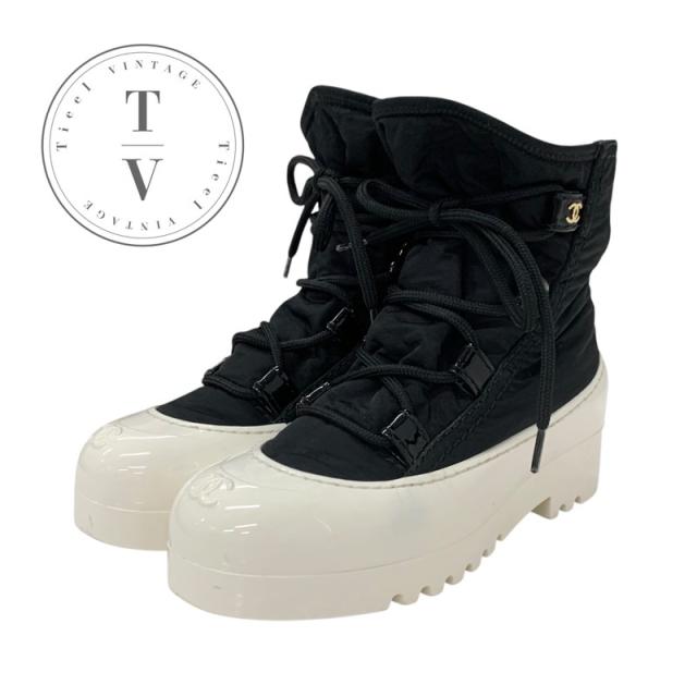 シャネル CHANEL ブーツ ショートブーツ 靴 シューズ ナイロン パテント ブラック ホワイト ココマーク レースアップの通販は 27,720円