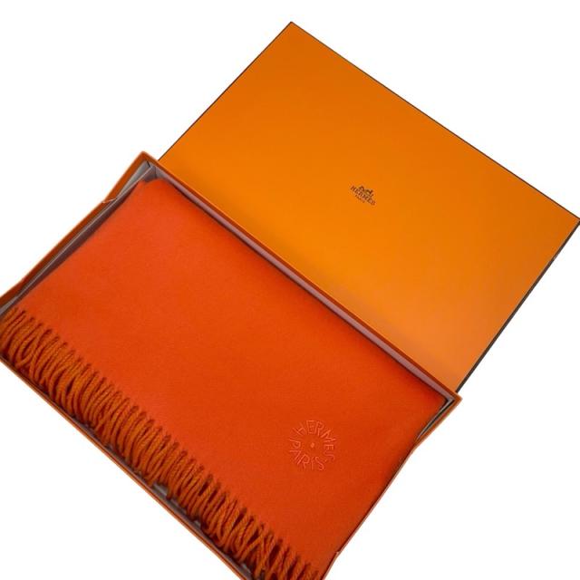 エルメス HERMES ダブルフェイス マフラー カシミヤ オレンジ ロゴ