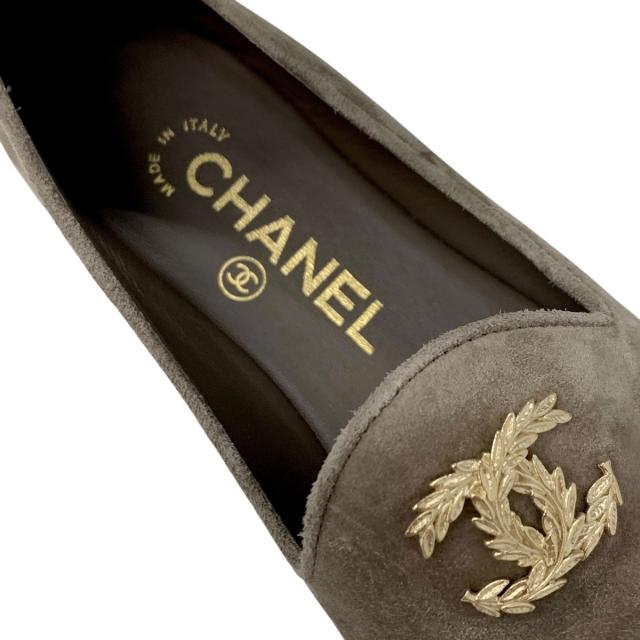 シャネル CHANEL フラットシューズ 靴 シューズ スエード グレー ブラック ゴールド ココマーク ローファー_6