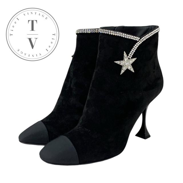 シャネル CHANEL ブーツ ショートブーツ 靴 シューズ スエード ファブリック ブラック 黒 ラインストーン スター