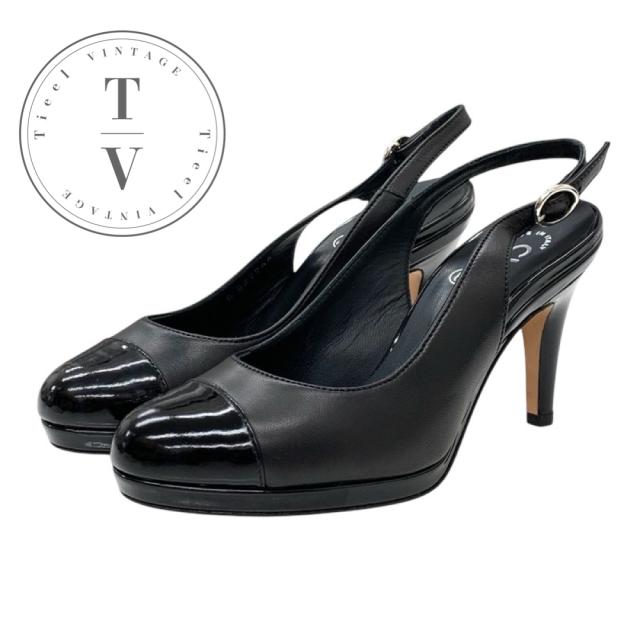 シャネル レザー パテント ココマーク スリングバック パンプス ブラック