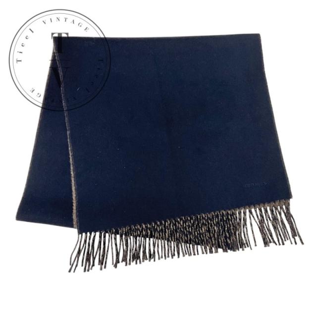 エルメス HERMES マフラー カシミヤ ネイビー ブラウン ロゴ ダブルフェイス ストール