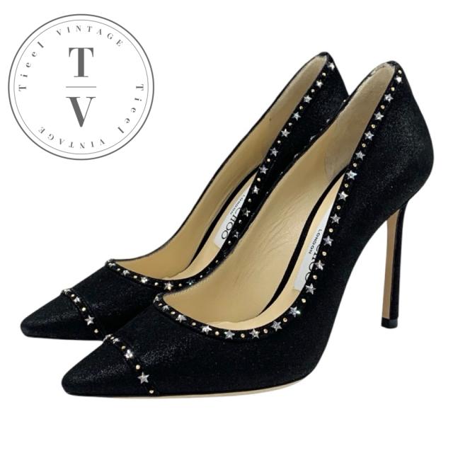 ジミーチュウ JIMMY CHOO ROMY 100 パンプス 靴 シューズ ファブリック ブラック 黒 未使用 ラメ ラインストーン スター