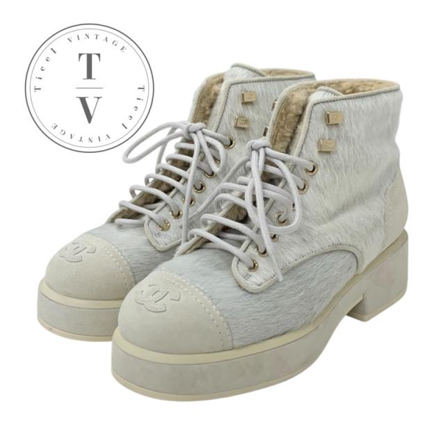 シャネル CHANEL ブーツ ショートブーツ 靴 シューズ ハラコ スエード ムートン ベージュ グレー ココマーク レースアップ