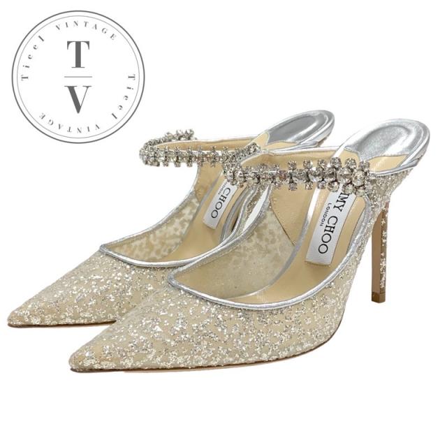 ジミーチュウ メッシュ レザー ビジューストラップ ラメ パンプス シルバー